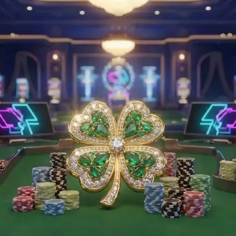 Golden four-leaf clover surrounded by colorful casino chips on a gaming table at Axwin Casino.